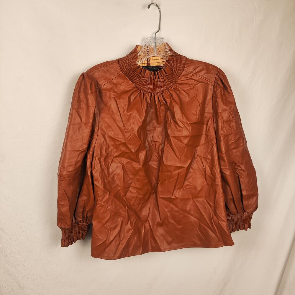 INC International Concepts Blouse Womens XL Brown Faux Leather High Neck Balloon